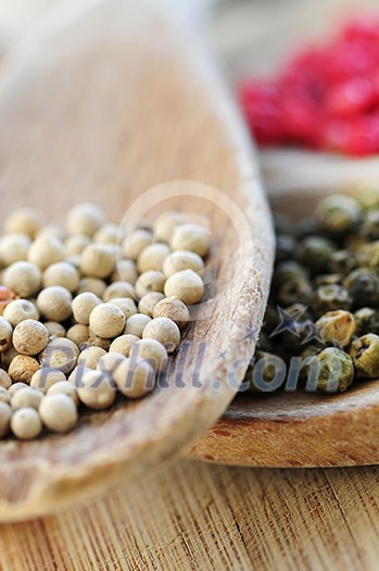 Different kinds of peppercorns in wooden cooking spoons macro