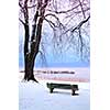 Winter park with a bench covered with snow. Beach area, Toronto, Canada.