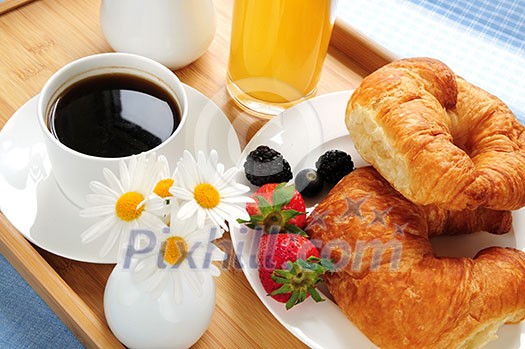 Breakfast served on a tray on a sunny morning