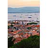 View on St. Tropez harbor in French Riviera at sunset