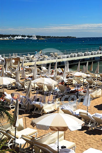 View on the beach from Croisette promenade in Cannes, France