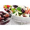 Black kalamata olives and greek salad with feta cheese