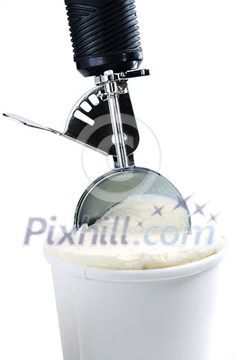 Tub of vanilla ice cream with a scoop on white background