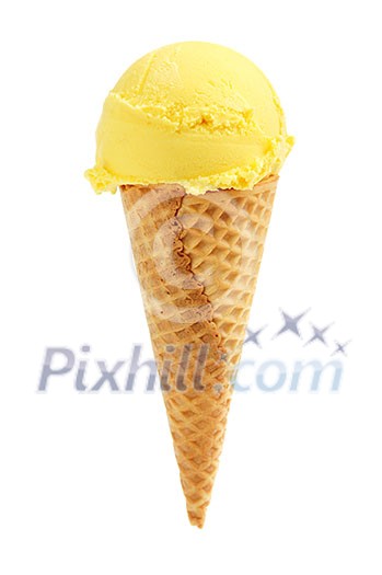 Mango or banana ice cream in a sugar cone isolated on white background Mango or banana ice cream in a sugar cone isolated on white background
