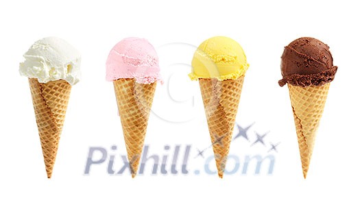 Assorted ice cream in sugar cones isolated on white background