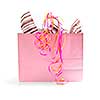 Pink shopping bag with ribbons isolated on white background