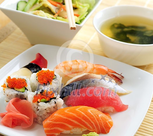 Sushi lunch with miso soup and green salad