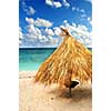 Tropical beach of a Caribbean island with palm branches shelter