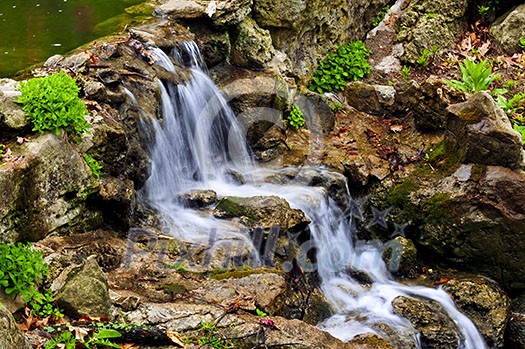 Cascading waterfall in japanese garden in springtime Cascading waterfall in japanese garden in springtime