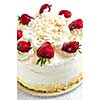 Whole strawberry meringue cake on white background