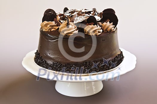 Round chocolate cake with frosting on a plate