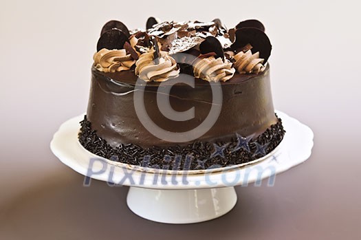 Round chocolate cake with frosting on a plate Round chocolate cake with frosting on a plate