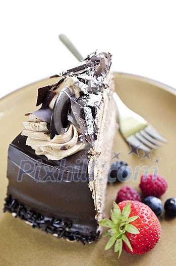 Slice of chocolate mousse cake served on a plate Slice of chocolate mousse cake served on a plate