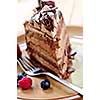 Slice of chocolate mousse cake served on a plate
