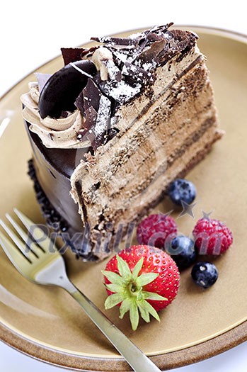 Slice of chocolate mousse cake served on a plate Slice of chocolate mousse cake served on a plate