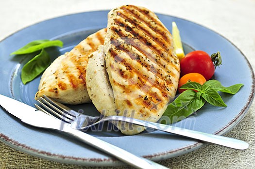Grilled chicken breasts on a plate with fresh vegetables Grilled chicken breasts on a plate with fresh vegetables