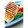 Grilled chicken breasts on a plate with fresh vegetables