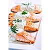 Cooked salmon fillets with dill sauce on white plate