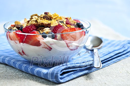 Serving of yogurt with fresh berries and granola