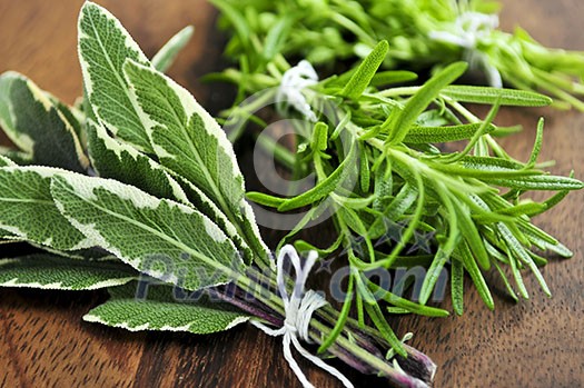 Bunches of assorted fresh herbs close up on wooden cutting board Bunches of assorted fresh herbs close up on wooden cutting board