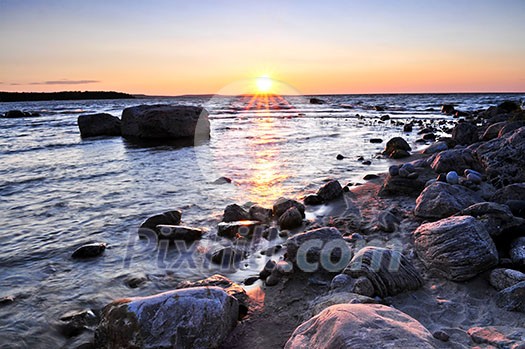 Sunset at the rocky shore of Georgian Bay, Canada. Awenda provincial park. Sunset at the rocky shore of Georgian Bay, Canada. Awenda provincial park.