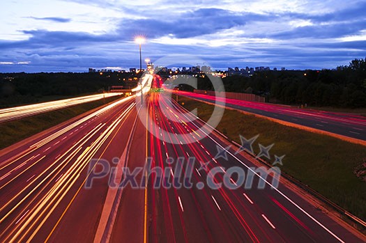 Night traffic on a busy city highway in Toronto