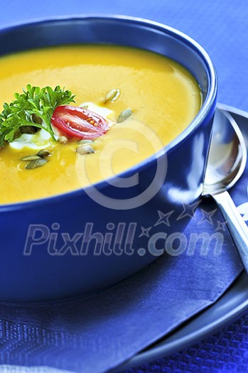 Pumpkin or squash soup in a bowl
