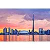 Scenic view at Toronto city waterfront skyline at sunset