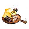 Wineglasses with red and white wine and assorted cheeses