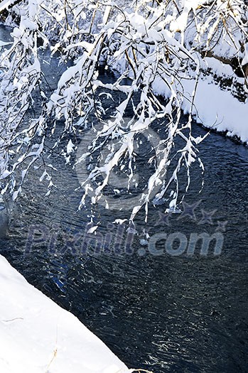 Winter landscape with snow covered trees and river