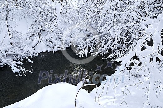 Winter landscape with snow covered trees and river