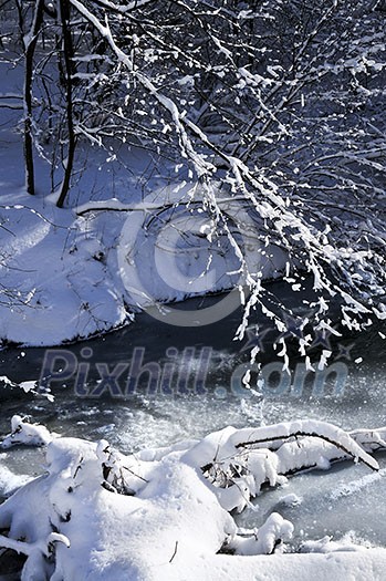 Winter landscape with snow covered trees and river
