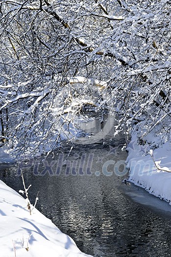 Winter landscape with snow covered trees and river Winter landscape with snow covered trees and river