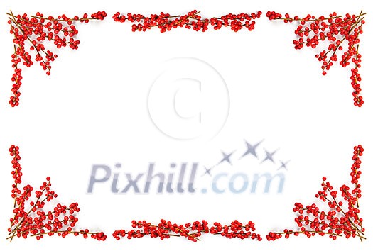 Red winterberry Christmas frame with holly berries on branches