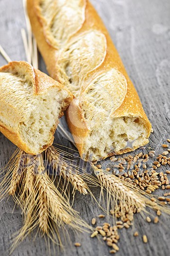 Freshly baked white baguette with wheat ears and grain