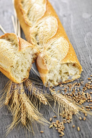 Freshly baked white baguette with wheat ears and grain Freshly baked white baguette with wheat ears and grain