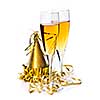 Two full champagne flutes with party hat and ribbon isolated on white background