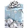 Wrapped gift box with Christmas ornaments on white background