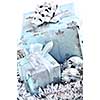 Wrapped gift boxes with silver Christmas ornaments on white background