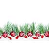 Christmas border with red ornaments and pine branches