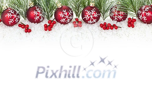 Christmas border with red ornaments and pine branches Christmas border with red ornaments and pine branches