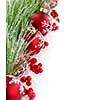 Red Christmas decorations with pine branches with copy space