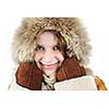 Beautiful young woman in fur hood of winter coat