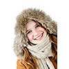 Beautiful young woman in fur hood of winter coat on white background