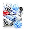 Rolls of Christmas wrapping paper with ribbons, bows and scissors