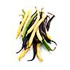 Pile of purple yellow and green string beans isolated on white
