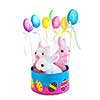 Cute Easter bunny toys in basket with balloons isolated on white background