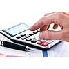 Typing  numbers for income tax return with pen and calculator