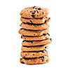 Tall stack of chocolate chip cookies isolated on white background