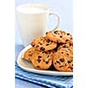 Plate of chocolate chip cookies with milk